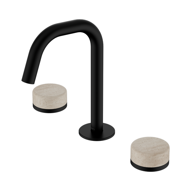 An image of Nero Tapware's Serenity Basin Set Edge Spout With Rome Travertine Handle Matt Black