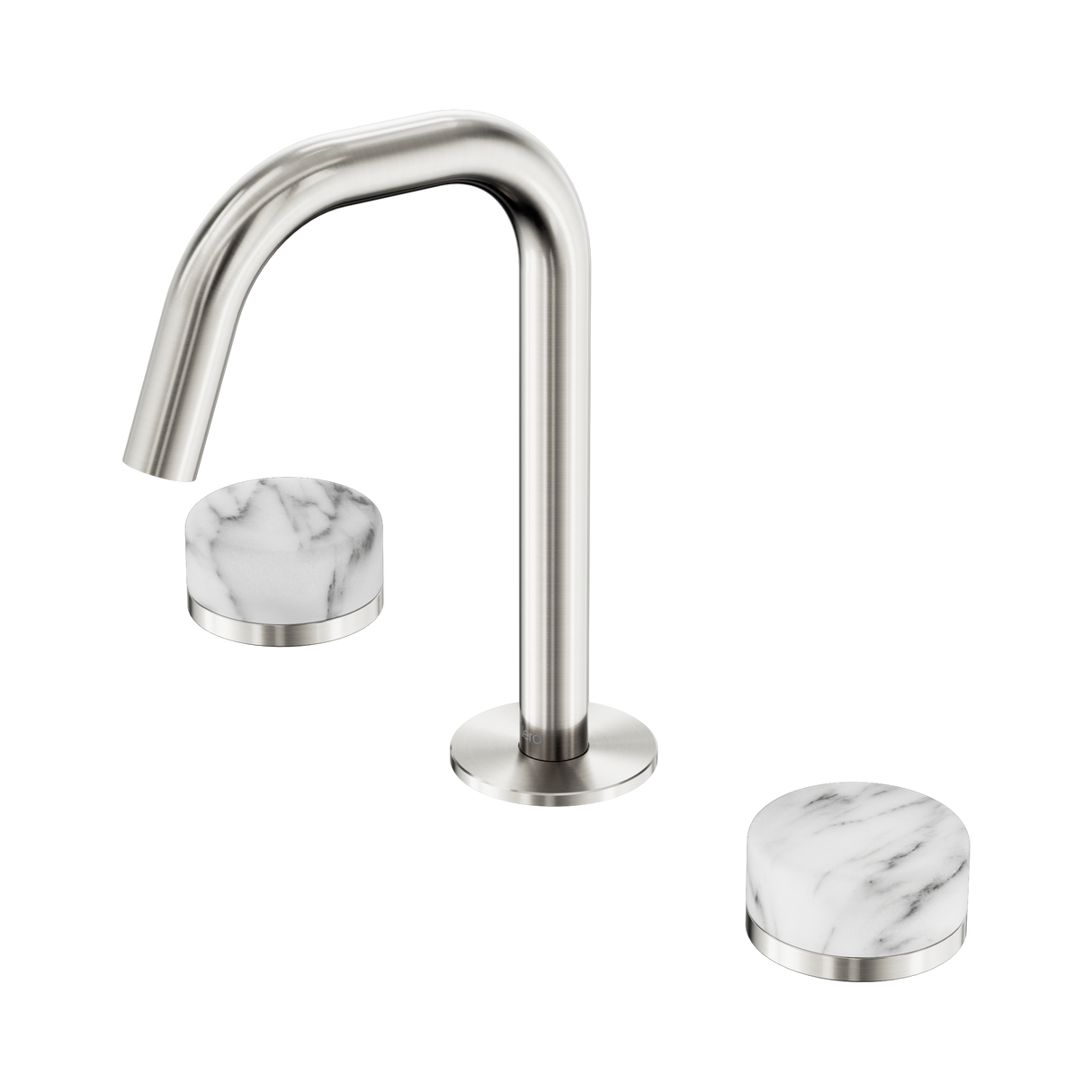 An image of Nero Tapware's Serenity Basin Set Edge Spout With Arabescato Corchia Handle Brushed Nickel