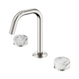 An image of Nero Tapware's Serenity Basin Set Edge Spout With Arabescato Corchia Handle Brushed Nickel