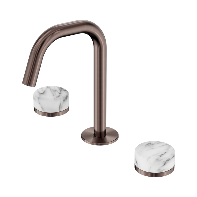 An image of Nero Tapware's Serenity Basin Set Edge Spout With Arabescato Corchia Handle Brushed Bronze