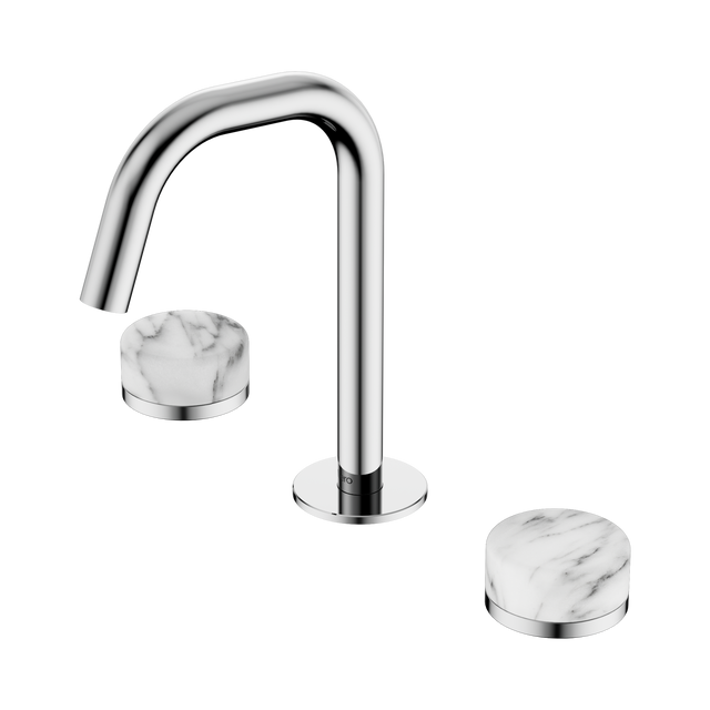 An image of Nero Tapware's Serenity Basin Set Edge Spout With Arabescato Corchia Handle Chrome