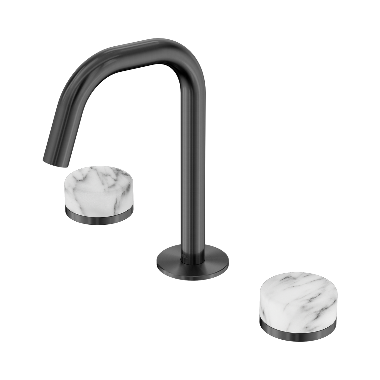 An image of Nero Tapware's Serenity Basin Set Edge Spout With Arabescato Corchia Handle Gun Metal