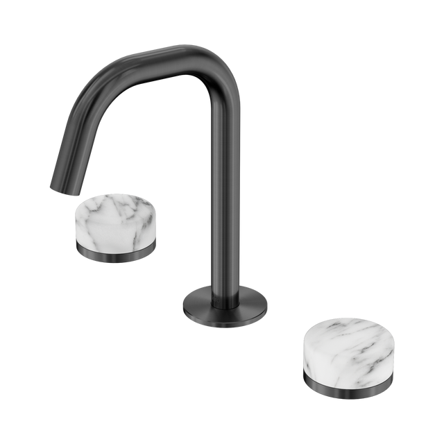 An image of Nero Tapware's Serenity Basin Set Edge Spout With Arabescato Corchia Handle Gun Metal
