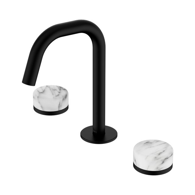 An image of Nero Tapware's Serenity Basin Set Edge Spout With Arabescato Corchia Handle Matt Black