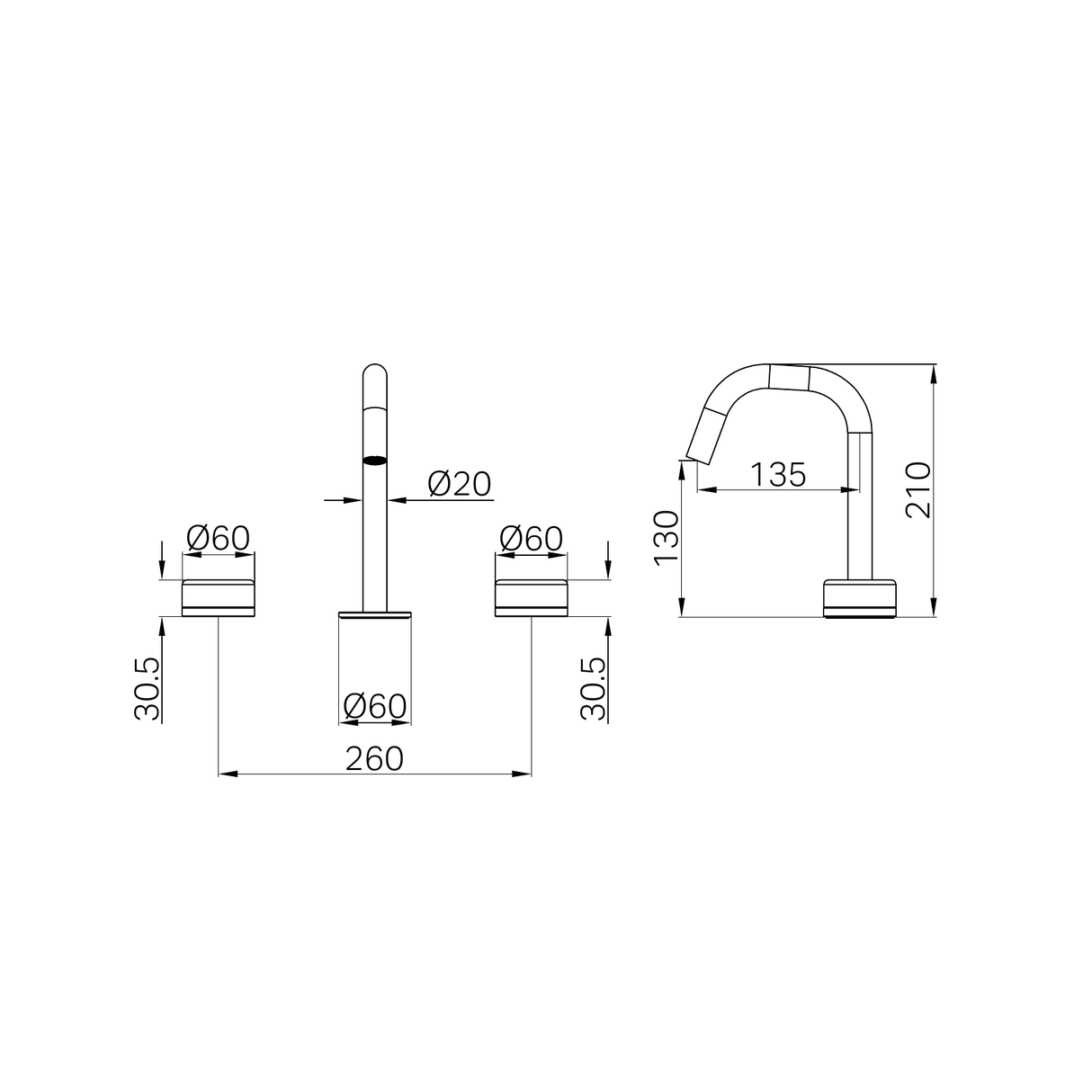 A line drawing of Nero Tapware's Serenity Basin Set Edge Spout With Arabescato Corchia Handle Chrome