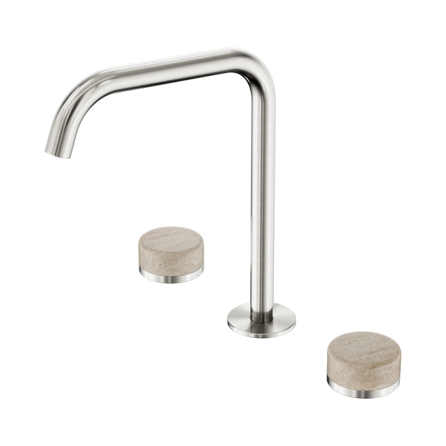 An image of Nero Tapware's Serenity Bath/Kitchen Set Edge Spout With Rome Travertine Handle Brushed Nickel