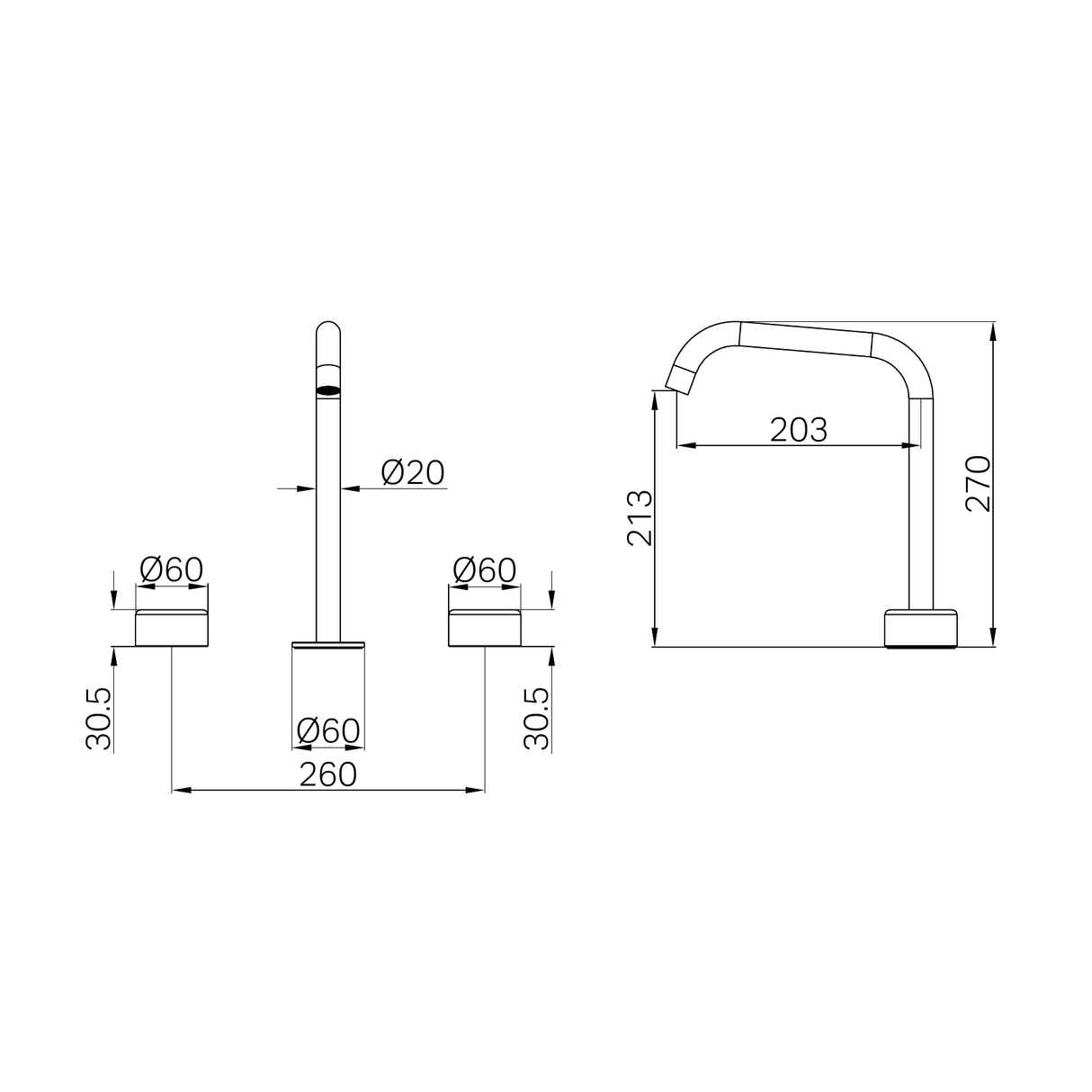 A line drawing of Nero Tapware's Serenity Bath/Kitchen Set Edge Spout With Metal Handle Brushed Bronze