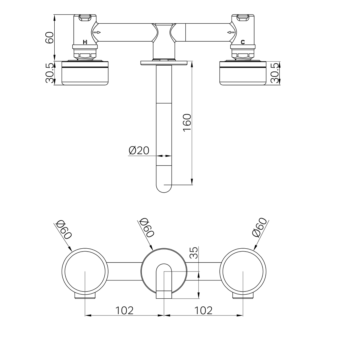 A line drawing of Nero Tapware's Serenity Wall Basin Set 160mm Spout With Carrara Handle Chrome