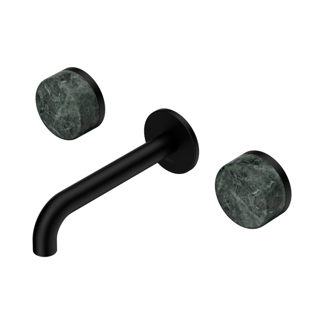 An image of Nero Tapware's Serenity Wall Basin Set 160mm Spout With Verde Alpi Handle Matt Black