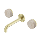 An image of Nero Tapware's Serenity Wall Basin Set 160mm Spout With Rome Travertine Handle Brushed Gold