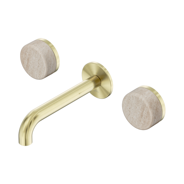 An image of Nero Tapware's Serenity Wall Basin Set 160mm Spout With Rome Travertine Handle Brushed Gold