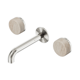An image of Nero Tapware's Serenity Wall Basin Set 160mm Spout With Rome Travertine Handle Brushed Nickel