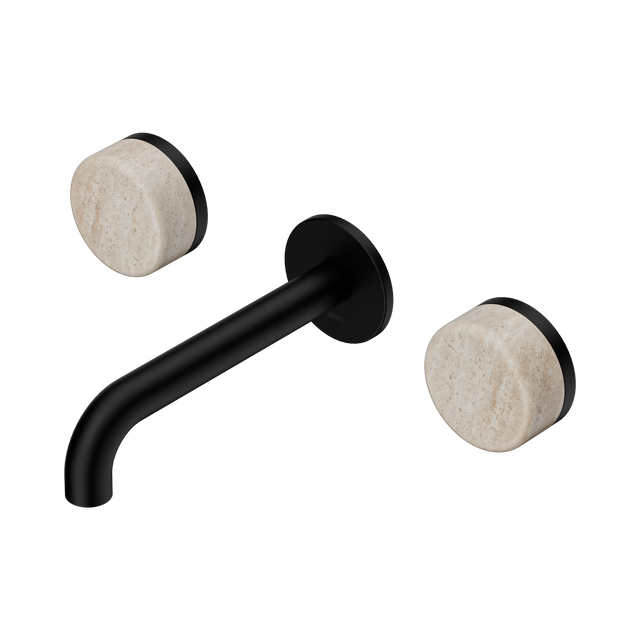 An image of Nero Tapware's Serenity Wall Basin Set 160mm Spout With Rome Travertine Handle Matt Black