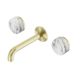 An image of Nero Tapware's Serenity Wall Basin Set 160mm Spout With Arabescato Corchia Handle Brushed Gold