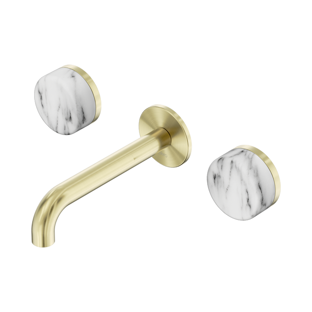 An image of Nero Tapware's Serenity Wall Basin Set 160mm Spout With Arabescato Corchia Handle Brushed Gold