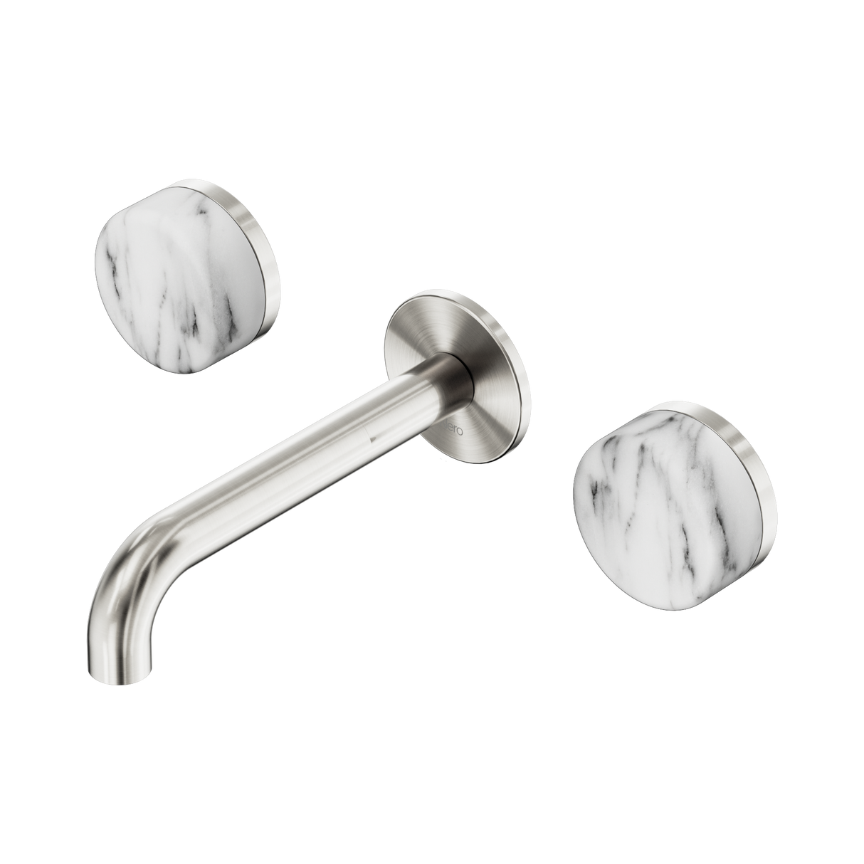 An image of Nero Tapware's Serenity Wall Basin Set 160mm Spout With Arabescato Corchia Handle Brushed Nickel