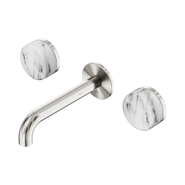 An image of Nero Tapware's Serenity Wall Basin Set 160mm Spout With Arabescato Corchia Handle Brushed Nickel