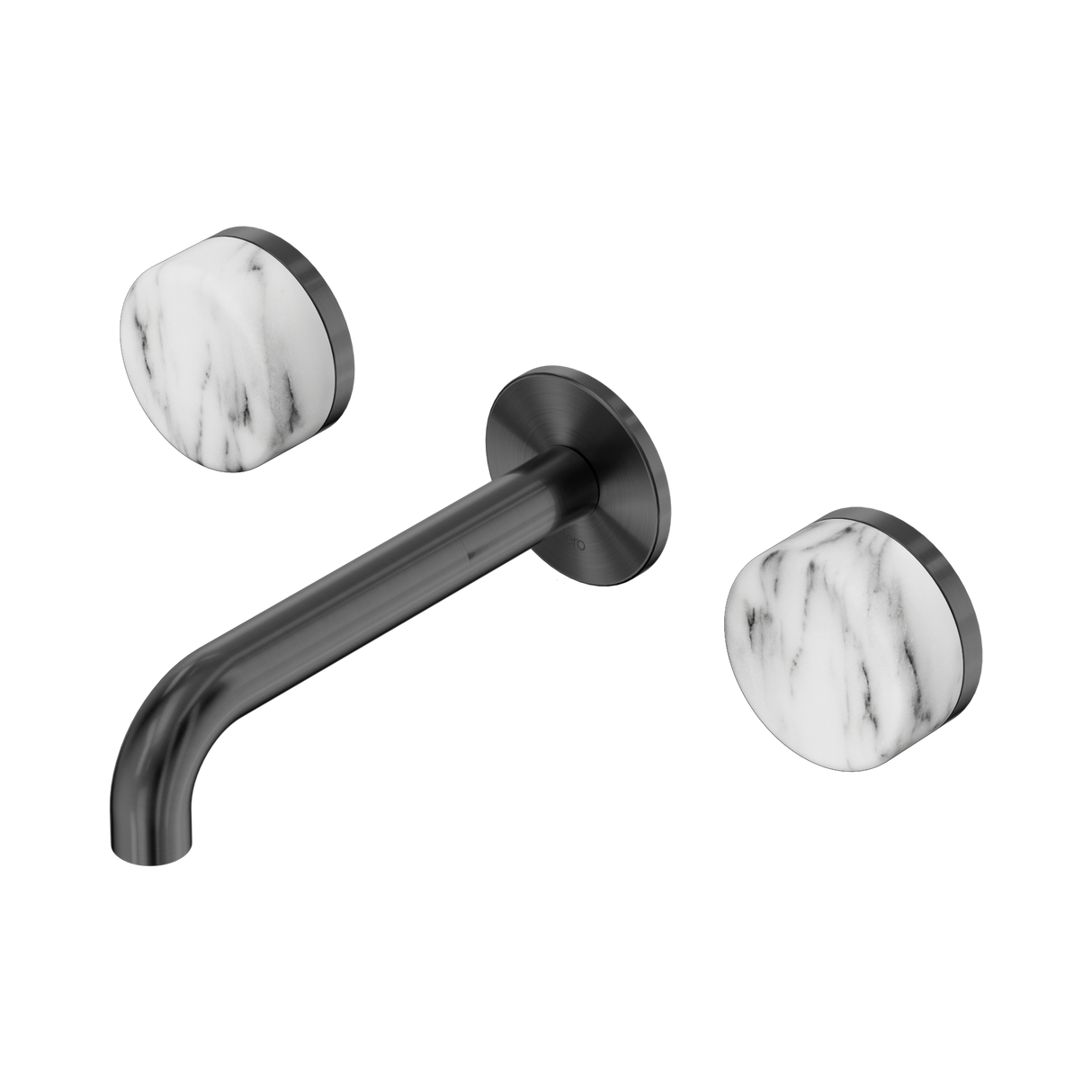 An image of Nero Tapware's Serenity Wall Basin Set 160mm Spout With Arabescato Corchia Handle Gun Metal