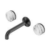 An image of Nero Tapware's Serenity Wall Basin Set 160mm Spout With Arabescato Corchia Handle Gun Metal