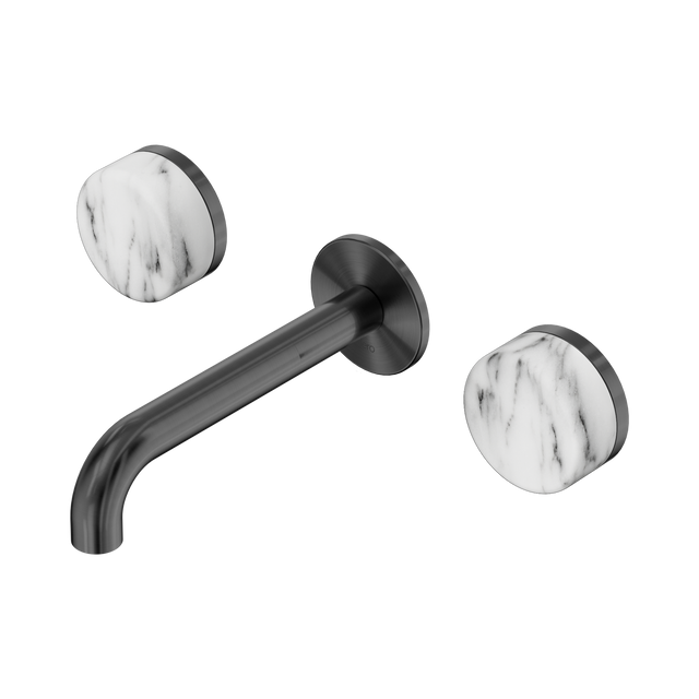 An image of Nero Tapware's Serenity Wall Basin Set 160mm Spout With Arabescato Corchia Handle Gun Metal