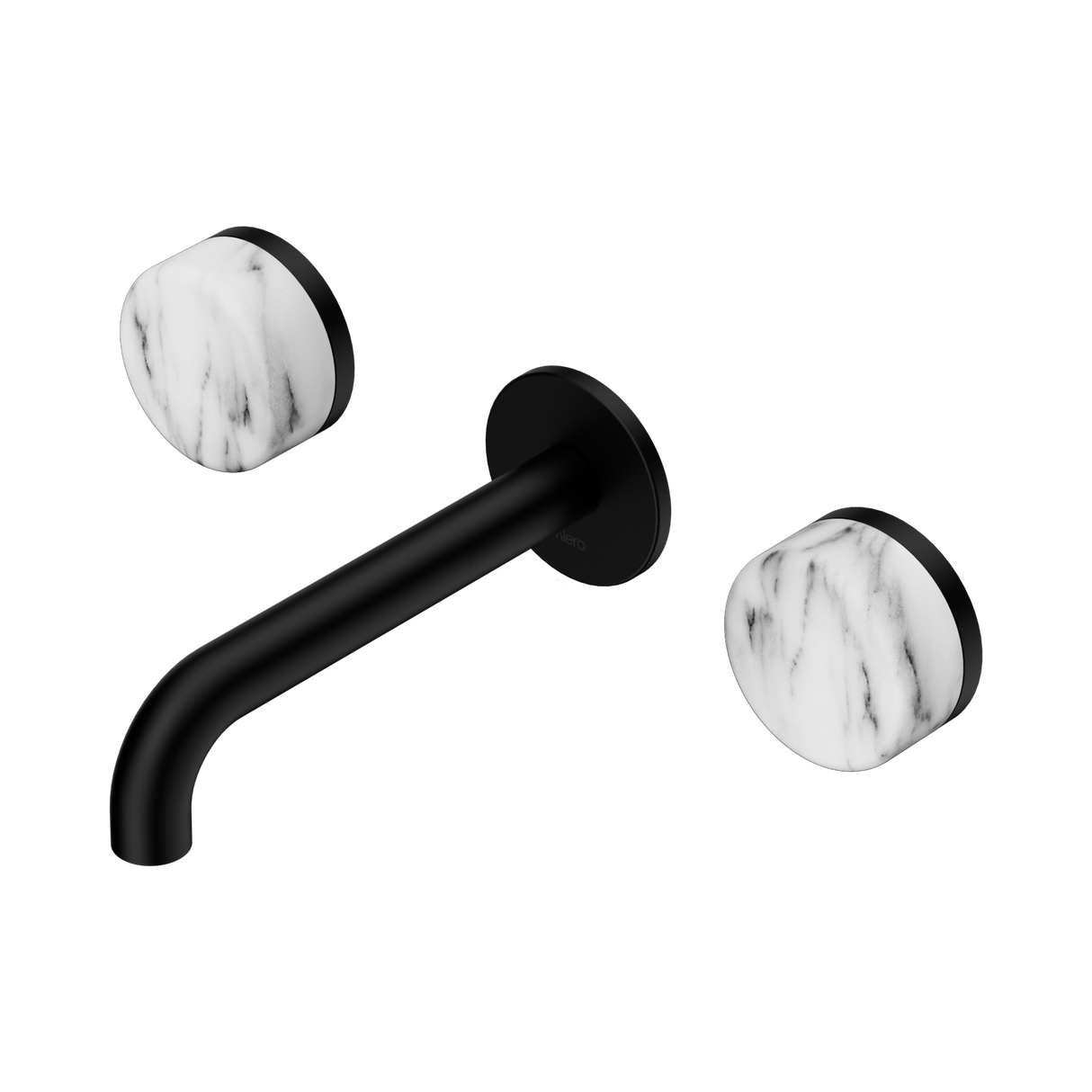 An image of Nero Tapware's Serenity Wall Basin Set 160mm Spout With Arabescato Corchia Handle Matt Black