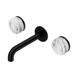 An image of Nero Tapware's Serenity Wall Basin Set 160mm Spout With Arabescato Corchia Handle Matt Black