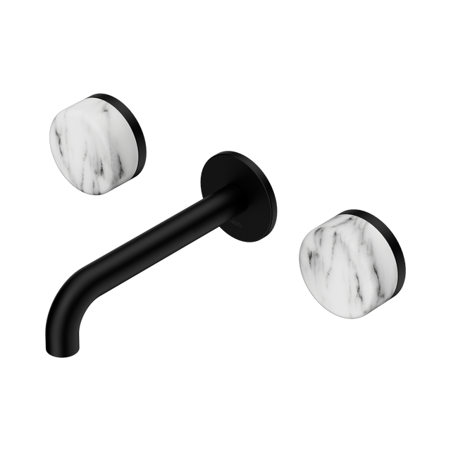 An image of Nero Tapware's Serenity Wall Basin Set 160mm Spout With Arabescato Corchia Handle Matt Black