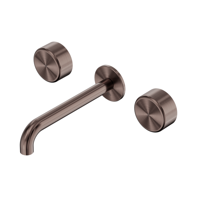 An image of Nero Tapware's Serenity Wall Basin Set 160mm Spout With Metal Handle Brushed Bronze