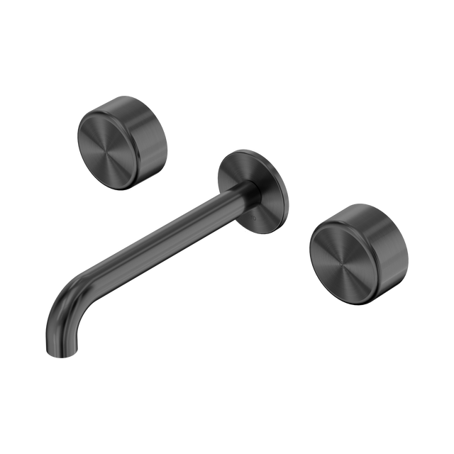 An image of Nero Tapware's Serenity Wall Basin Set 160mm Spout With Metal Handle Gun Metal