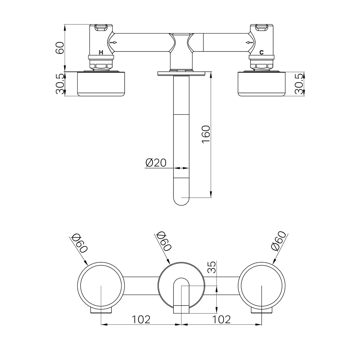 A line drawing of Nero Tapware's Serenity Wall Basin Set 160mm Spout With Metal Handle Gun Metal