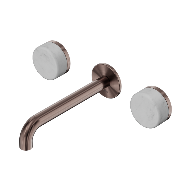 An image of Nero Tapware's Serenity Wall Basin Set 185mm Spout With Carrara Handle Brushed Bronze