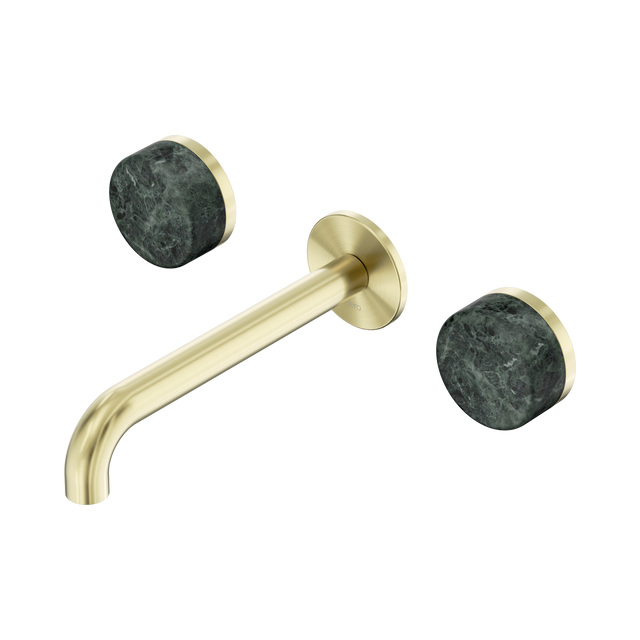 An image of Nero Tapware's Serenity Wall Basin Set 185mm Spout With Verde Alpi Handle Brushed Gold