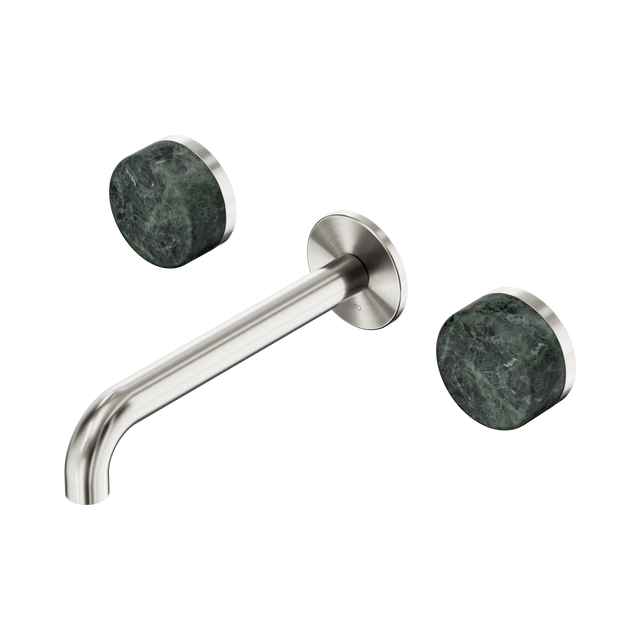 An image of Nero Tapware's Serenity Wall Basin Set 185mm Spout With Verde Alpi Handle Brushed Nickel