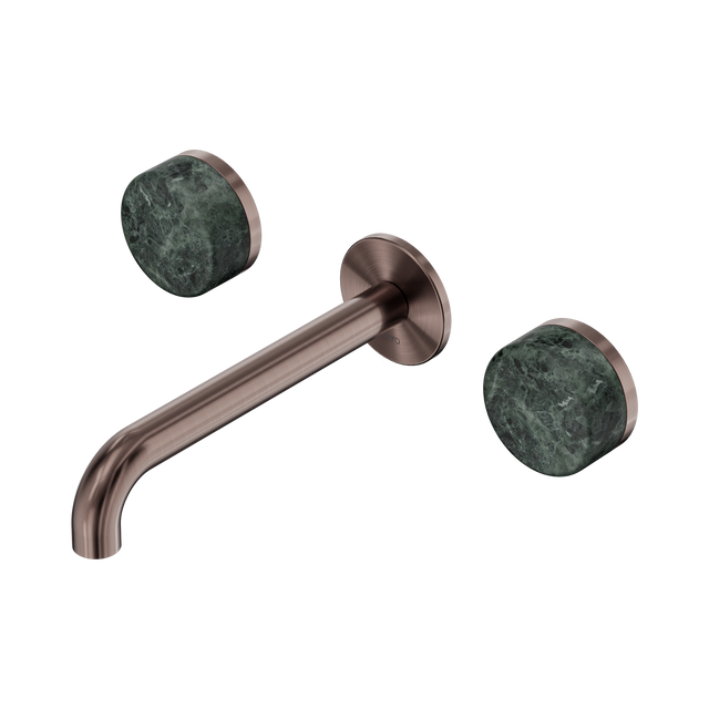 An image of Nero Tapware's Serenity Wall Basin Set 185mm Spout With Verde Alpi Handle Brushed Bronze
