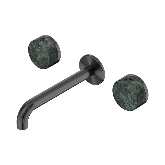 An image of Nero Tapware's Serenity Wall Basin Set 185mm Spout With Verde Alpi Handle Gun Metal