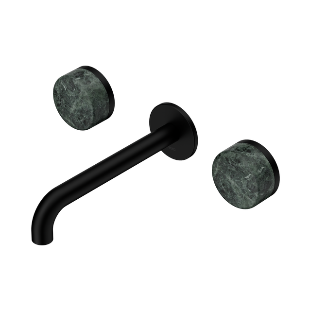 An image of Nero Tapware's Serenity Wall Basin Set 185mm Spout With Verde Alpi Handle Matt Black