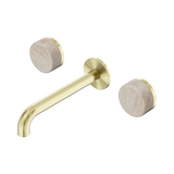 An image of Nero Tapware's Serenity Wall Basin Set 185mm Spout With Rome Travertine Handle Brushed Gold