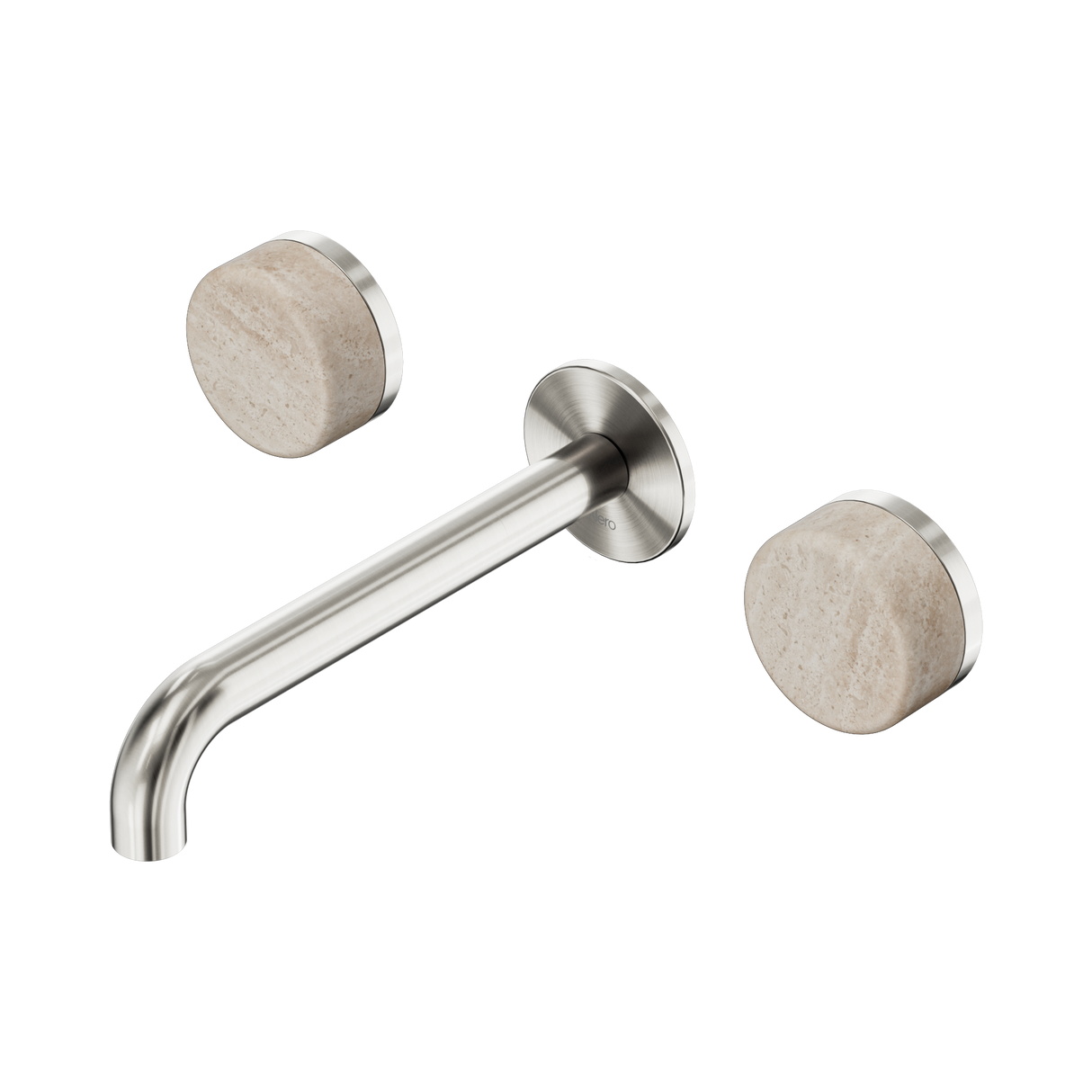An image of Nero Tapware's Serenity Wall Basin Set 185mm Spout With Rome Travertine Handle Brushed Nickel