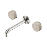 An image of Nero Tapware's Serenity Wall Basin Set 185mm Spout With Rome Travertine Handle Brushed Nickel