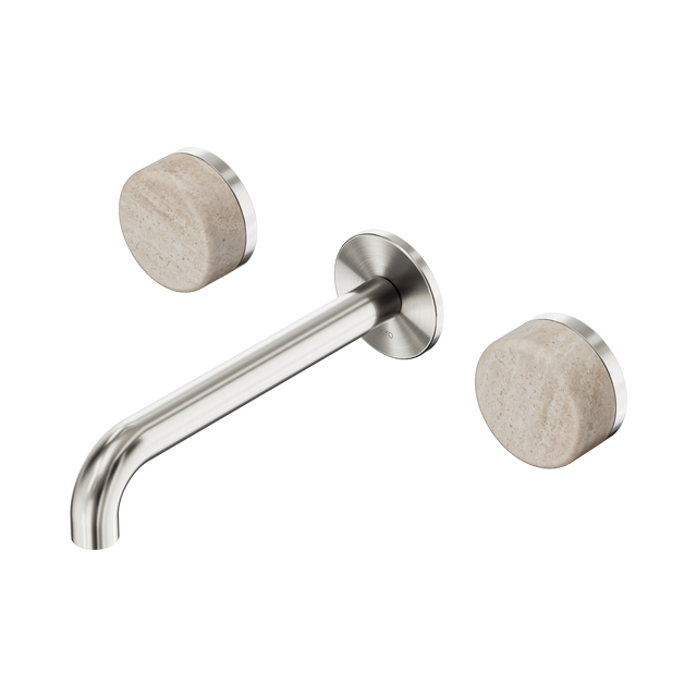 An image of Nero Tapware's Serenity Wall Basin Set 185mm Spout With Rome Travertine Handle Brushed Nickel