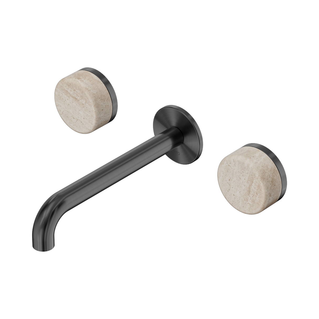 An image of Nero Tapware's Serenity Wall Basin Set 185mm Spout With Rome Travertine Handle Gun Metal