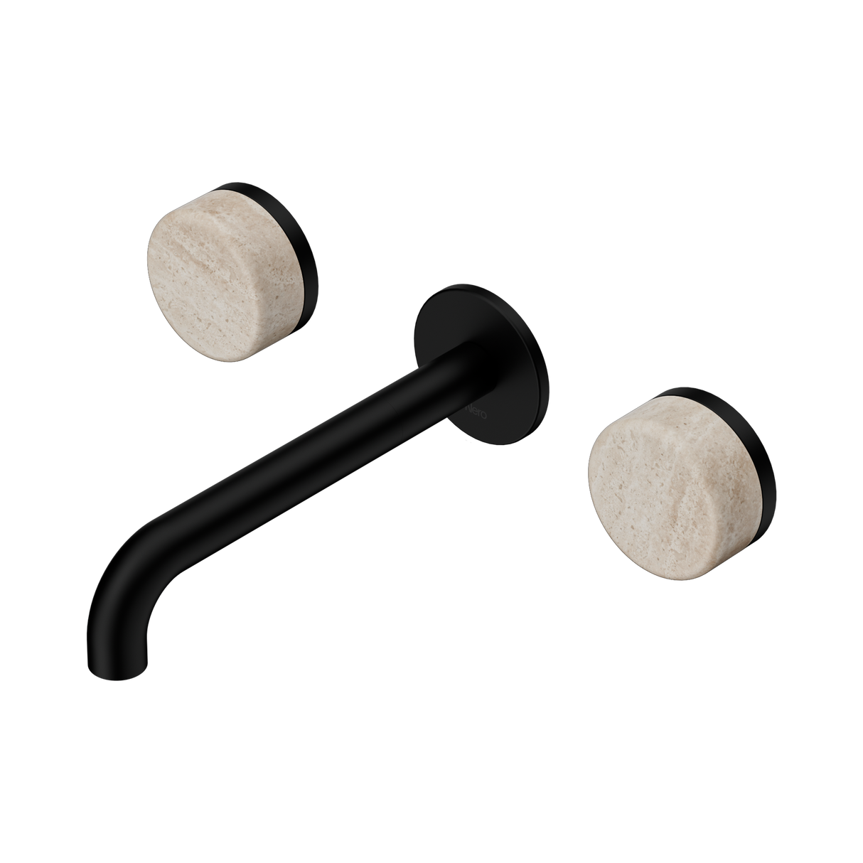 An image of Nero Tapware's Serenity Wall Basin Set 185mm Spout With Rome Travertine Handle Matt Black