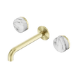 An image of Nero Tapware's Serenity Wall Basin Set 185mm Spout With Arabescato Corchia Handle Brushed Gold