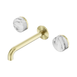 An image of Nero Tapware's Serenity Wall Basin Set 185mm Spout With Arabescato Corchia Handle Brushed Gold