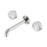 An image of Nero Tapware's Serenity Wall Basin Set 185mm Spout With Arabescato Corchia Handle Brushed Nickel