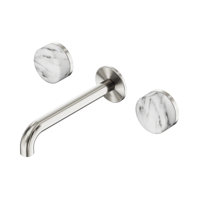 An image of Nero Tapware's Serenity Wall Basin Set 185mm Spout With Arabescato Corchia Handle Brushed Nickel