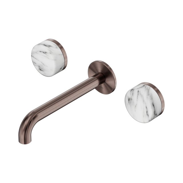 An image of Nero Tapware's Serenity Wall Basin Set 185mm Spout With Arabescato Corchia Handle Brushed Bronze