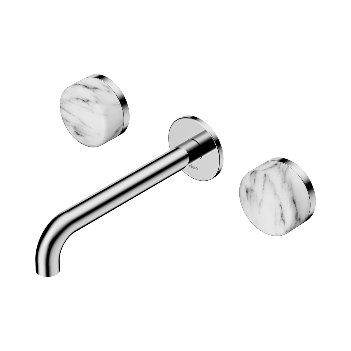 An image of Nero Tapware's Serenity Wall Basin Set 185mm Spout With Arabescato Corchia Handle Chrome