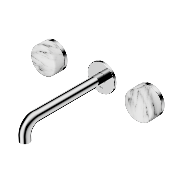 An image of Nero Tapware's Serenity Wall Basin Set 185mm Spout With Arabescato Corchia Handle Chrome
