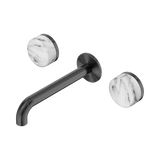 An image of Nero Tapware's Serenity Wall Basin Set 185mm Spout With Arabescato Corchia Handle Gun Metal